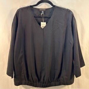 Eileen Fisher Silk Georgette Crepe V-Neck Top XXS black 3/4 sleeve 100% silk